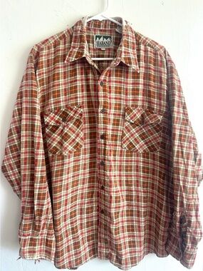 Vintage Haband Plaid Button-Down Flannel, Orange, Brown, Cream, Mens L